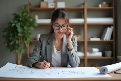 Jeune architecte en train d'étudier des plans de maison dans un studio moderne