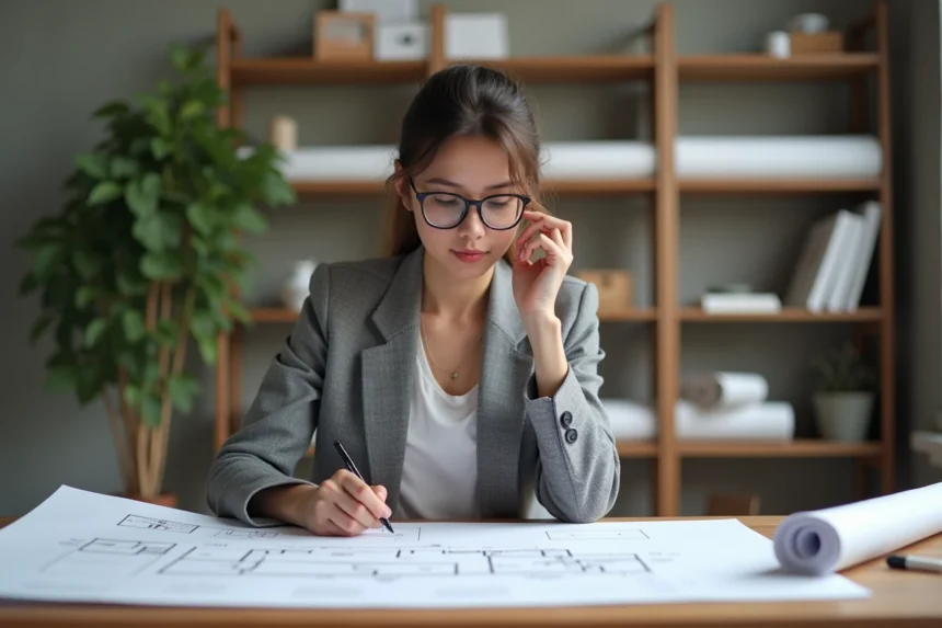 Jeune architecte en train d'étudier des plans de maison dans un studio moderne