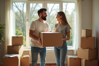 Jeune couple souriant lors d'un déménagement dans un appartement lumineux