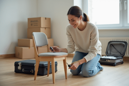 Jeune femme en jeans assemble un meuble dans un appartement neuf