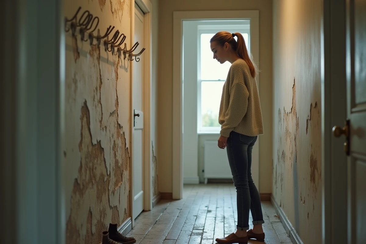 Jeune femme examinant un mur écaillé dans un appartement