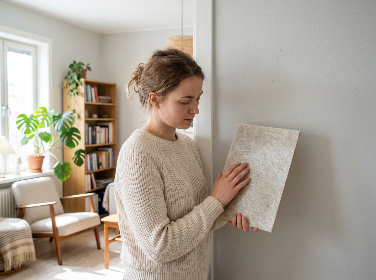 Jeune femme examinant un échantillon de fiberglas dans un salon