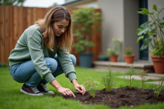 Jeune femme plantant des semis dans un jardin en extérieur