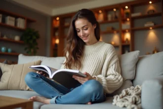 Jeune femme détendue lisant un magazine dans un salon moderne