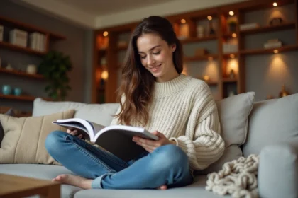 Jeune femme détendue lisant un magazine dans un salon moderne