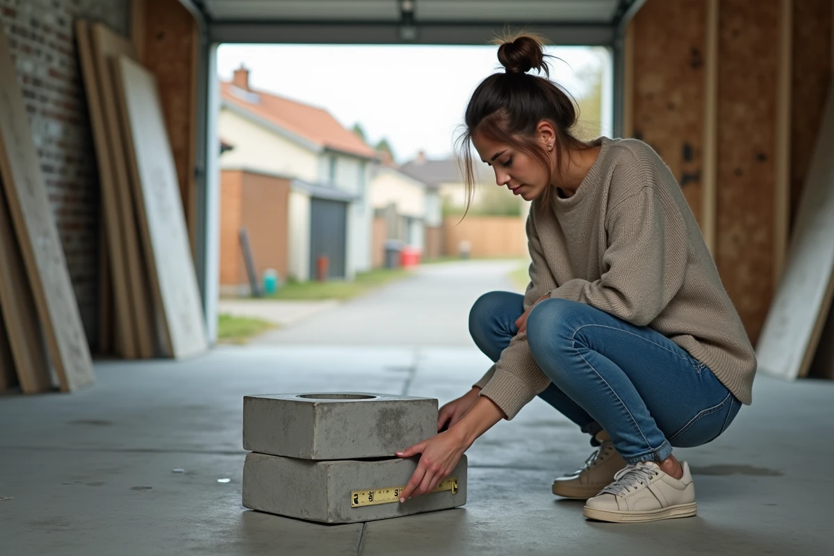 Jeune femme contrôle des parpaings dans un garage en construction