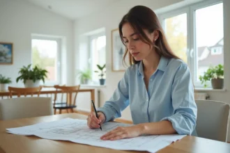 Jeune femme étudie un plan de maison dans un intérieur moderne