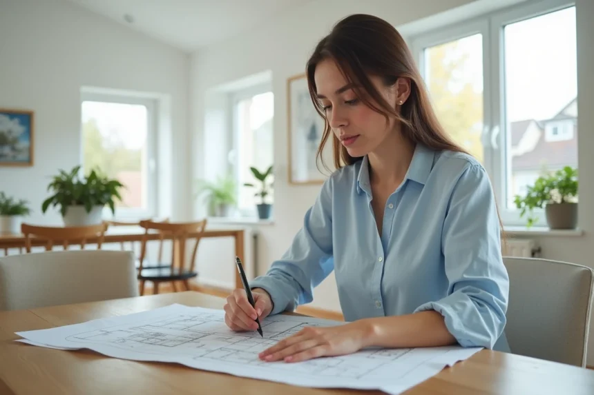 Jeune femme étudie un plan de maison dans un intérieur moderne