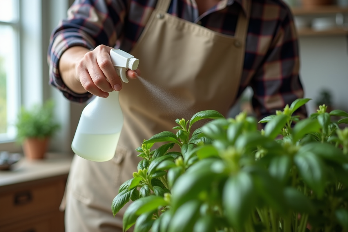 Jeune homme appliquant un spray sur basilic
