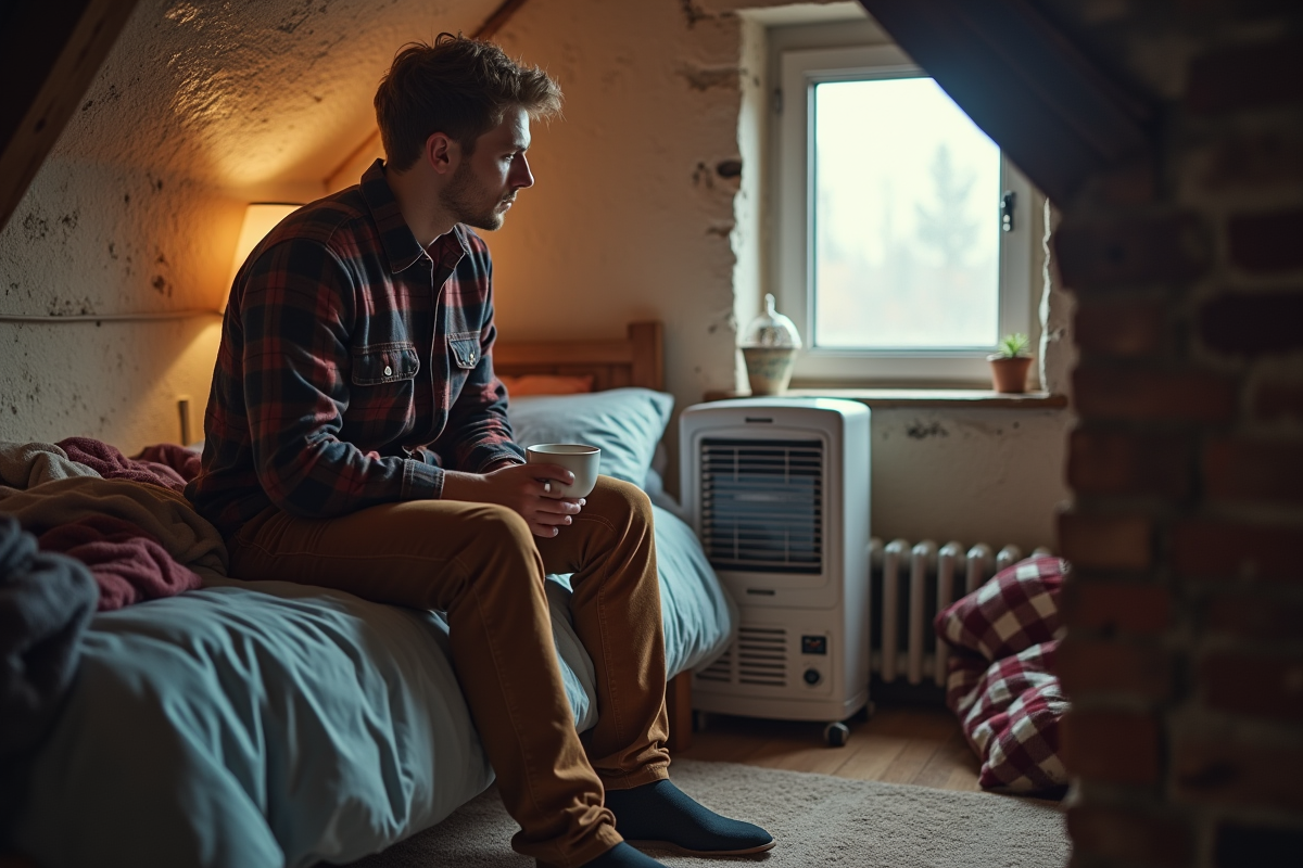 Jeune homme dans une chambre en attique regardant un radiateur mural