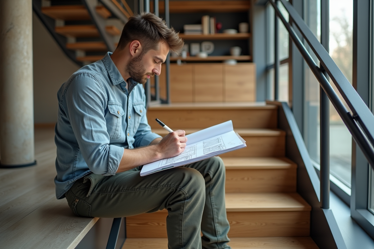 Jeune homme dessinant des plans dans un loft moderne