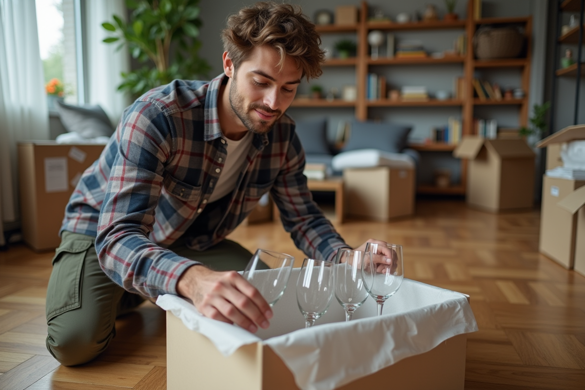 Jeune homme emballant des verres à vin dans un salon