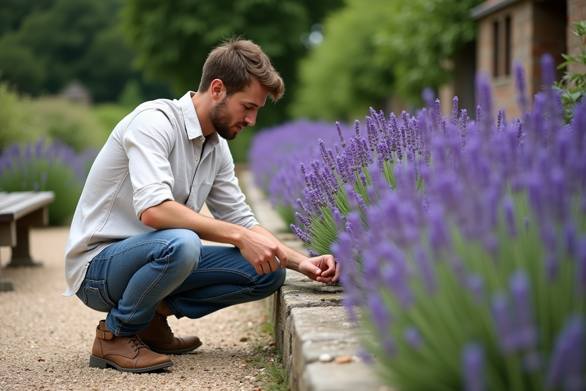 Jeune homme examinant la lavande en pleine floraison