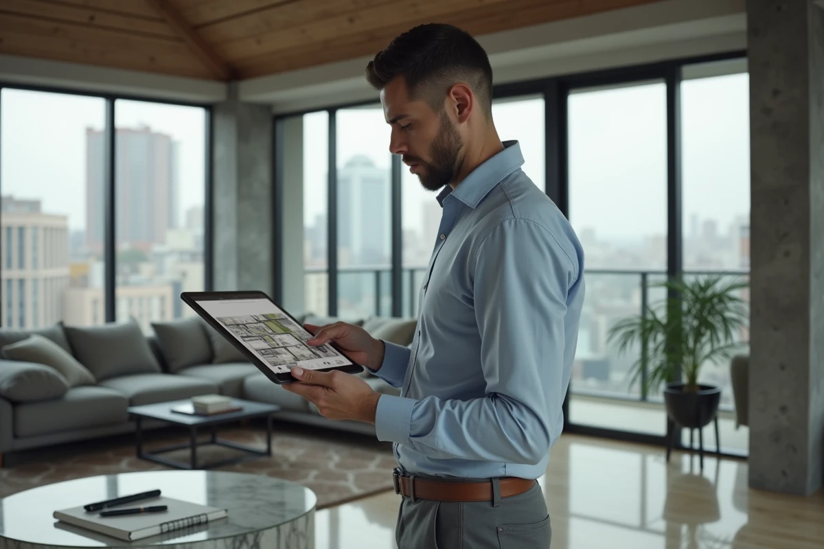 Jeune homme analyse un plan 3D dans un salon moderne