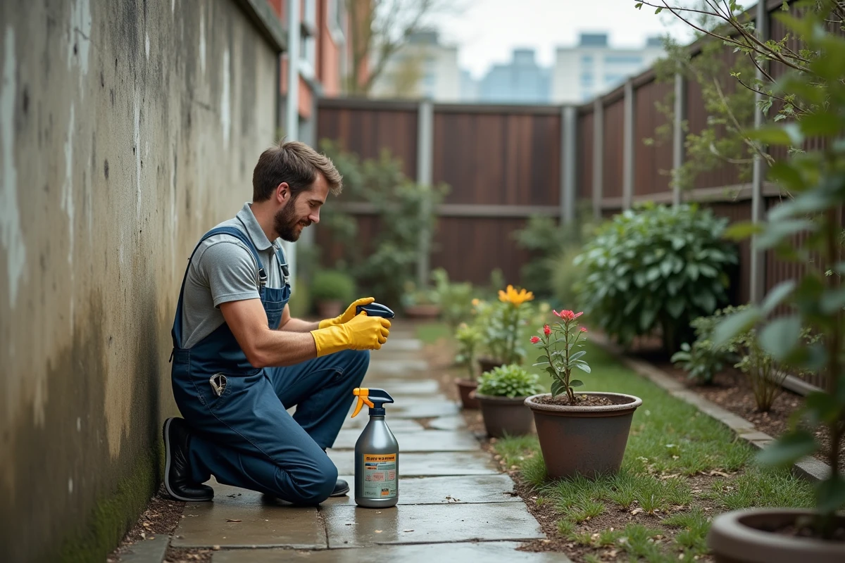 Jeune homme en tenue de travail traitant la moisissure extérieure