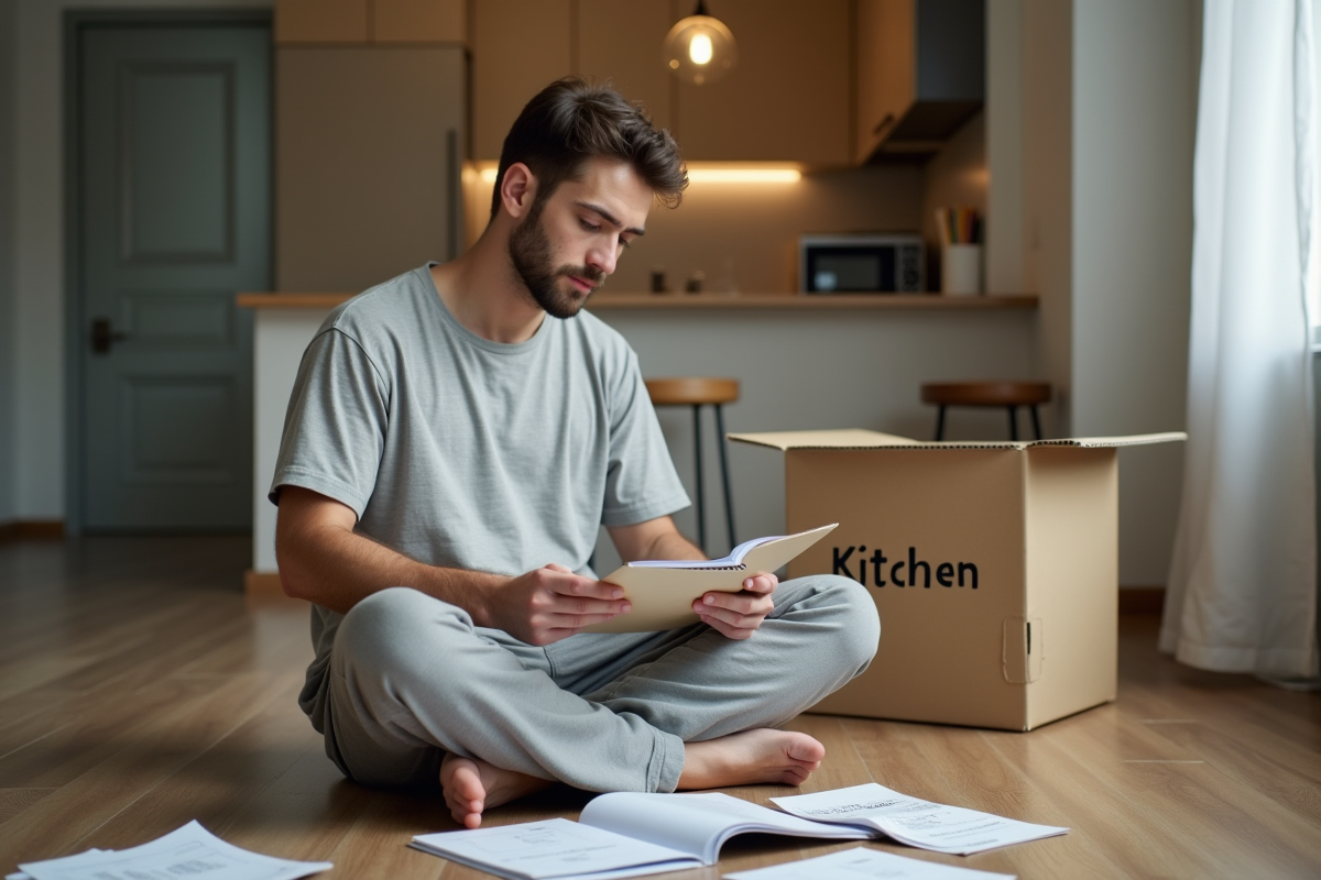 Jeune homme vérifie son budget dans un salon vide lors d’un déménagement