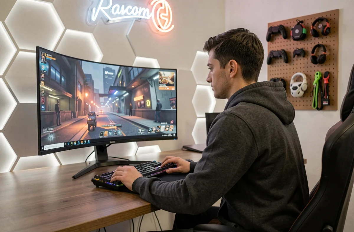 Joueur concentré dans une chambre gaming avec panneaux LED hexagonaux et enseigne néon sur le mur