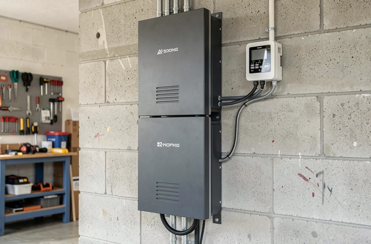 Système de stockage d'énergie solaire avec batterie lithium et onduleur hybride installé dans un garage