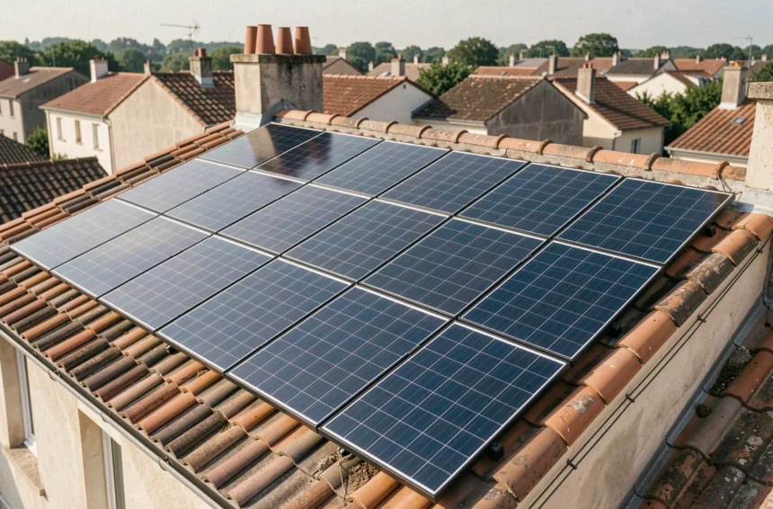 Kit solaire 3 kW installé sur un toit en tuiles avec 12 panneaux monocristallins dans un quartier résidentiel français