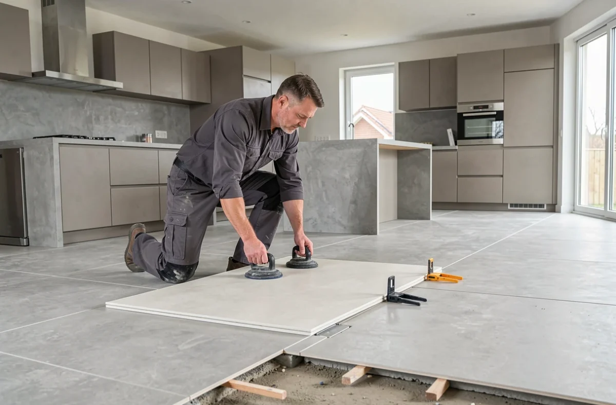 Spécialiste grands formats Koenig Carrelage posant des dalles 120x60 dans une maison moderne en Moselle