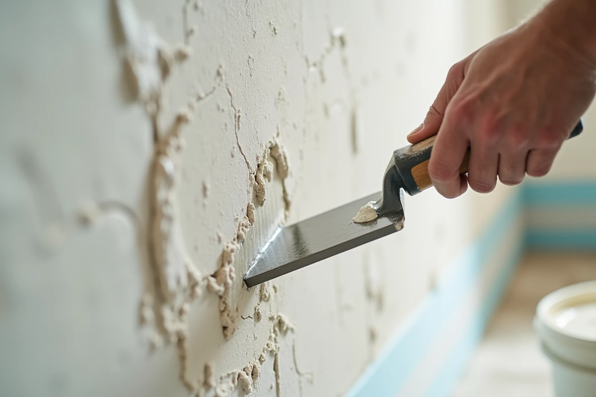 Gros plan sur des mains expérimentées lissant un enduit de finition sur une fissure de mur avec une taloche flexible