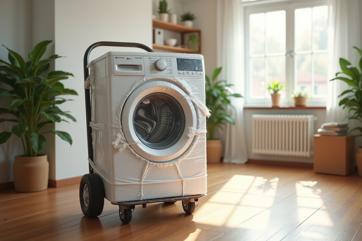 Machine à laver emballée dans du plastique et sur un chariot dans un appartement lumineux