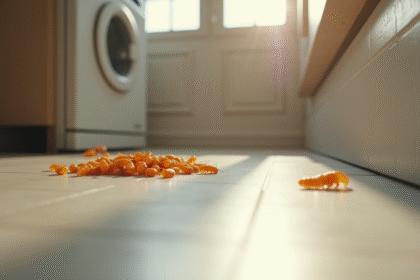 Zoom sur des asticots près d'une plinthe de cuisine propre