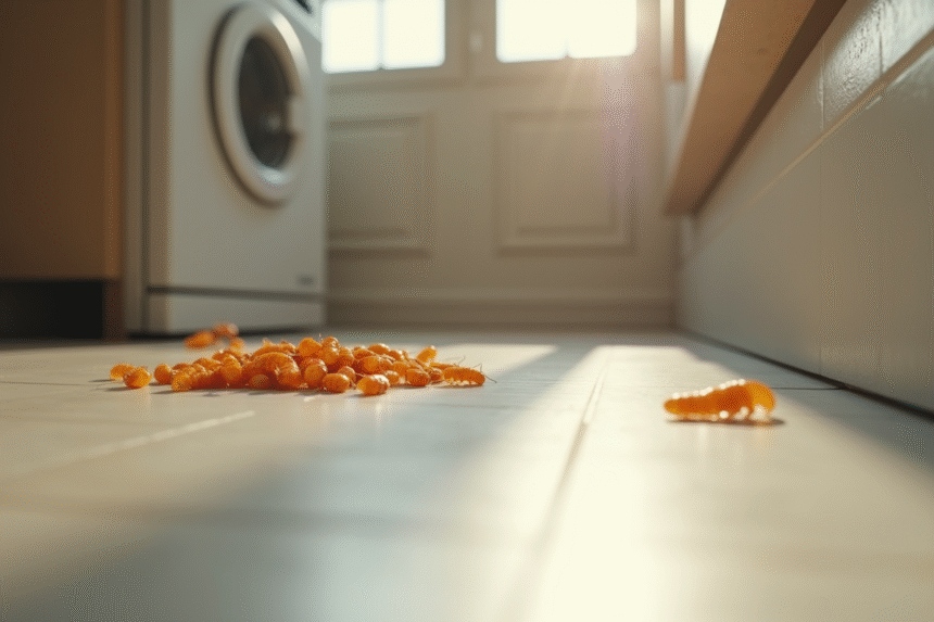 Zoom sur des asticots près d'une plinthe de cuisine propre