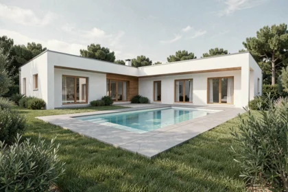 Maison en L moderne avec piscine rectangulaire et jardin paysager, vue extérieure grand angle