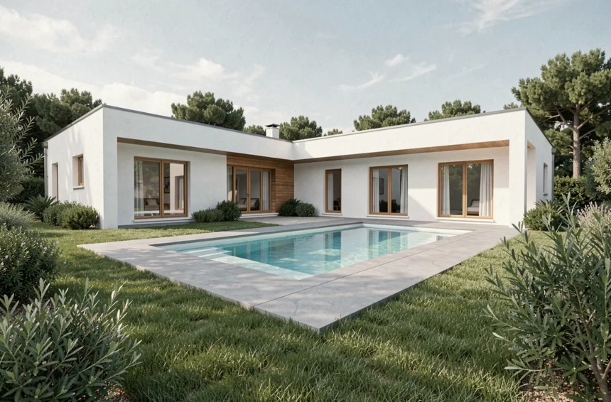 Maison en L moderne avec piscine rectangulaire et jardin paysager, vue extérieure grand angle