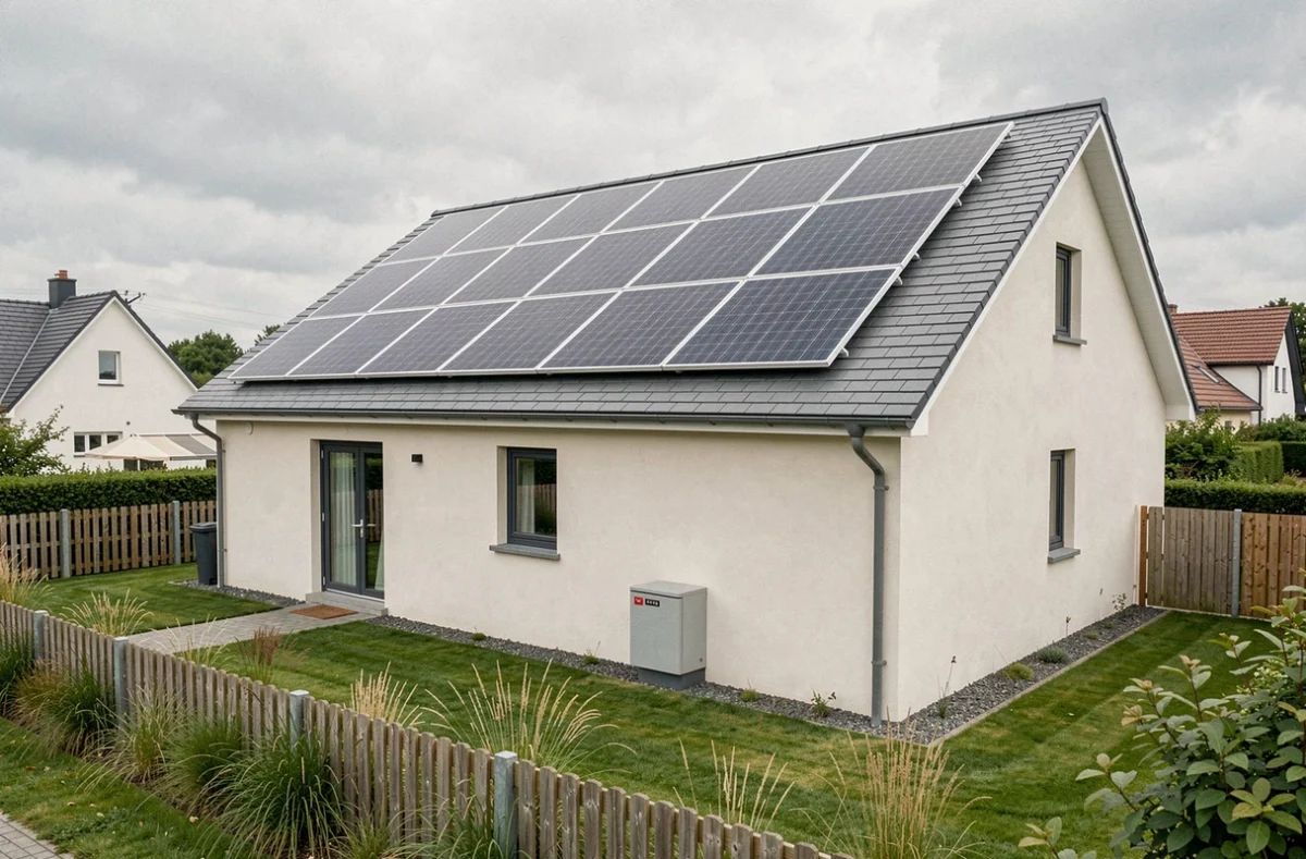 Maison individuelle équipée d'un kit solaire complet avec panneaux sur toiture et coffret technique extérieur