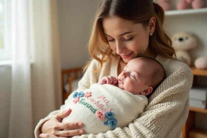 Jeune maman souriante avec bébé dans une couverture personnalisée