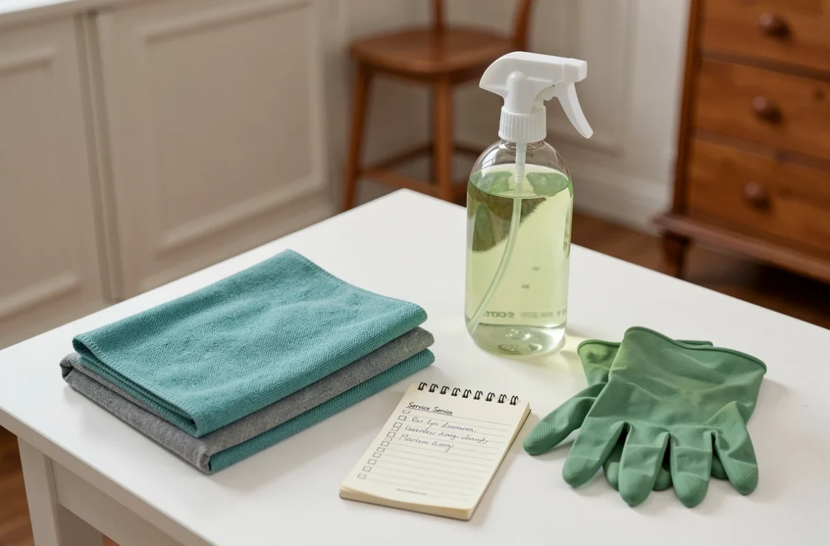 Matériel professionnel de ménage à domicile disposé sur une surface blanche, incluant produits écologiques et liste de services