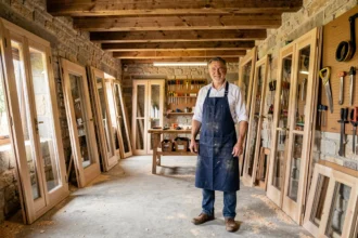 Un menuisier professionnel dans son atelier artisanal du Var, entouré de fenêtres et portes en bois travaillées