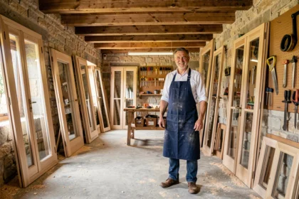 Un menuisier professionnel dans son atelier artisanal du Var, entouré de fenêtres et portes en bois travaillées