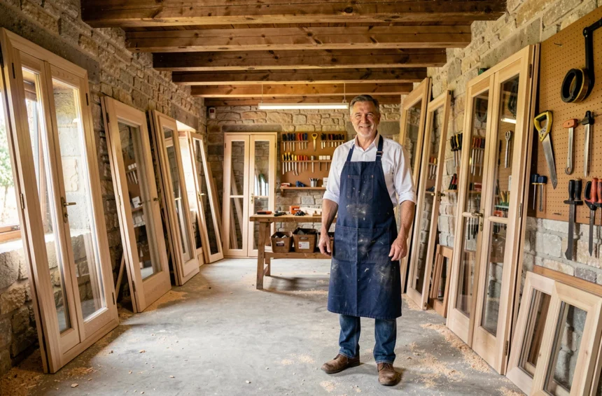 Un menuisier professionnel dans son atelier artisanal du Var, entouré de fenêtres et portes en bois travaillées