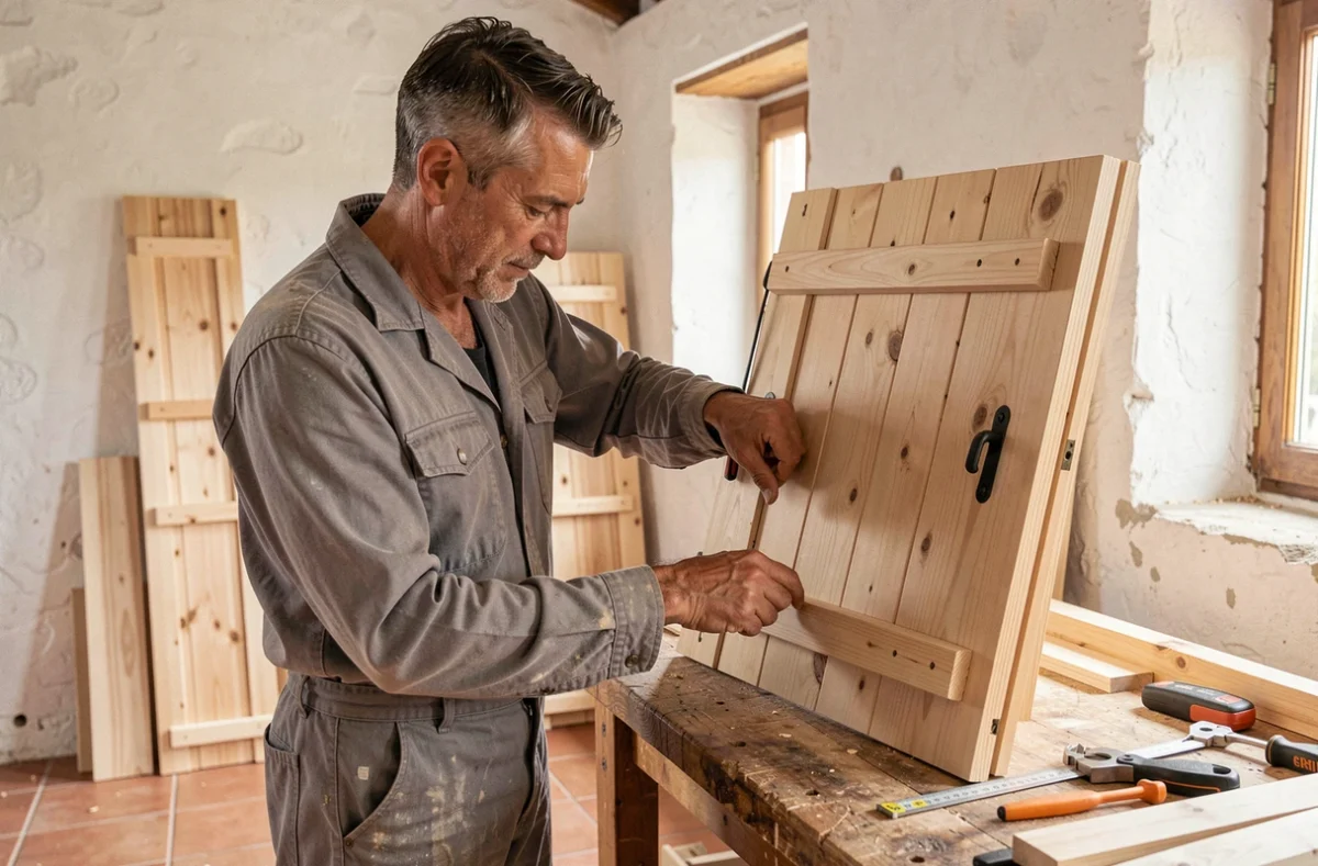 Menuisier des Menuiseries de Solliès assemblant un volet traditionnel provençal dans un atelier de Solliès-Pont