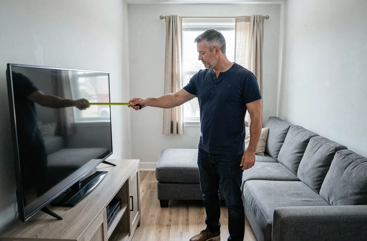 Homme mesurant la distance entre une TV 50 pouces et son canapé dans une petite pièce