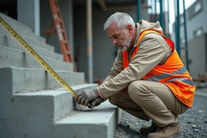 Ouvrier mesurant les marches d'un escalier en béton brut sur un chantier résidentiel