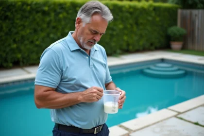 Homme mesurant la quantité de javel pour traiter une piscine privée dans un jardin