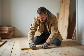 Artisan mesurant des lames de parquet avec un mètre ruban pour convertir des mètres linéaires en mètres carrés lors d'une rénovation