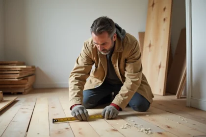 Artisan mesurant des lames de parquet avec un mètre ruban pour convertir des mètres linéaires en mètres carrés lors d'une rénovation