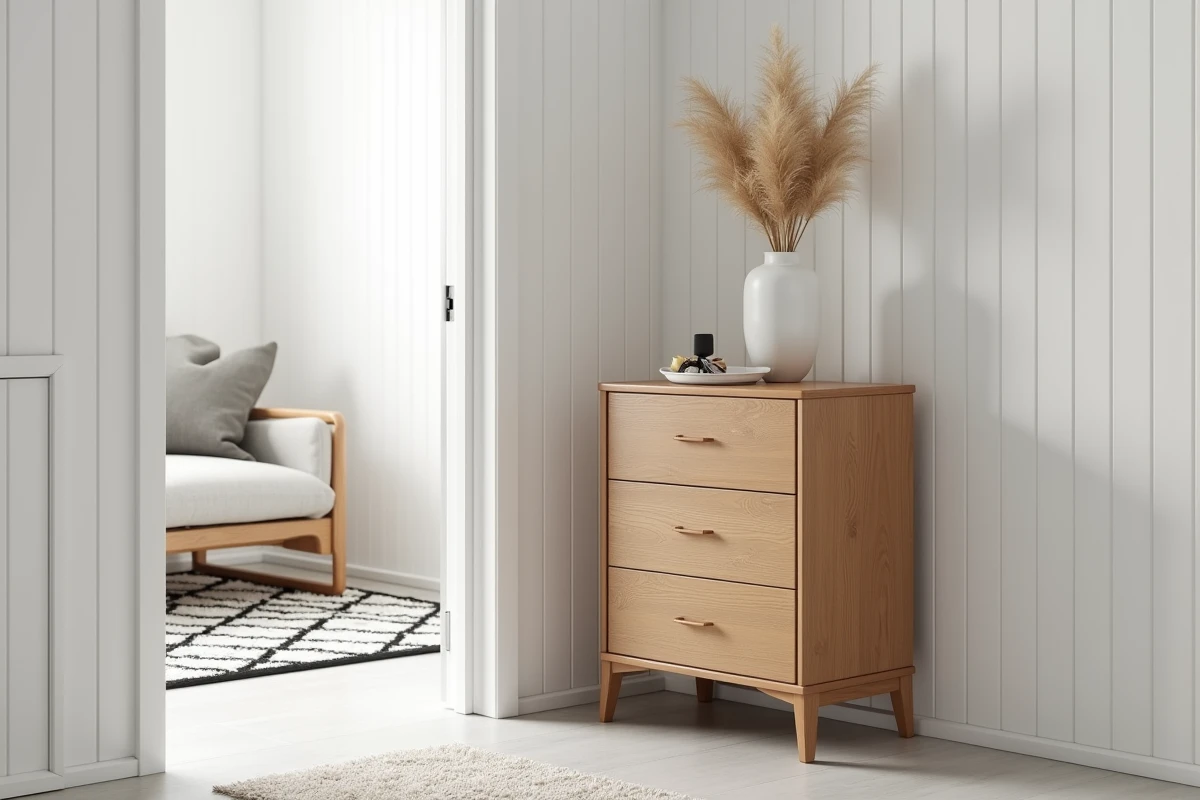 Meuble à chaussure Nano en placage chêne dans une entrée scandinave minimaliste avec accessoires décoratifs sur le dessus
