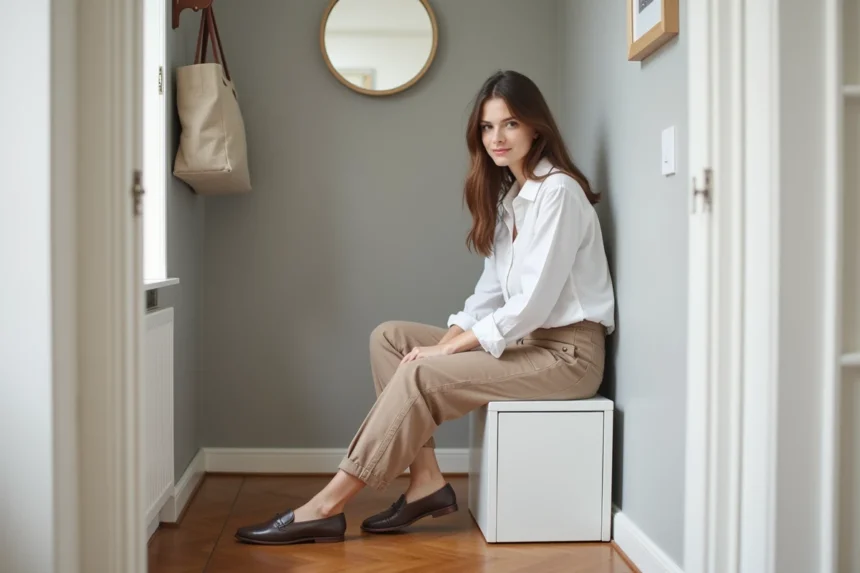 Meuble à chaussure Nano compact dans l'entrée d'un petit appartement parisien avec une jeune femme assise sur le banc intégré