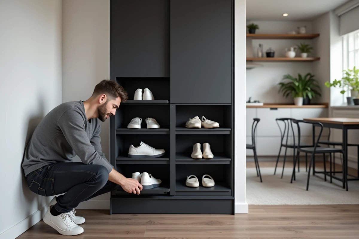 Meuble à chaussure Nano anthracite à compartiments tiroirs dans un studio moderne optimisant l'espace au sol
