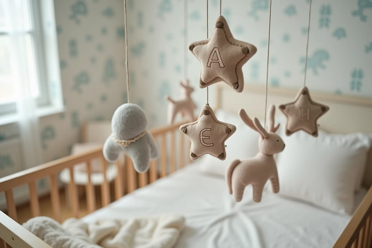 Mobile de bébé fait main avec animaux en feutre et étoiles brodées