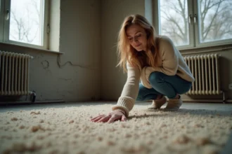 Femme testant l'isolation thermique d'une moquette épaisse dans un salon mal isolé avec fenêtres condensées