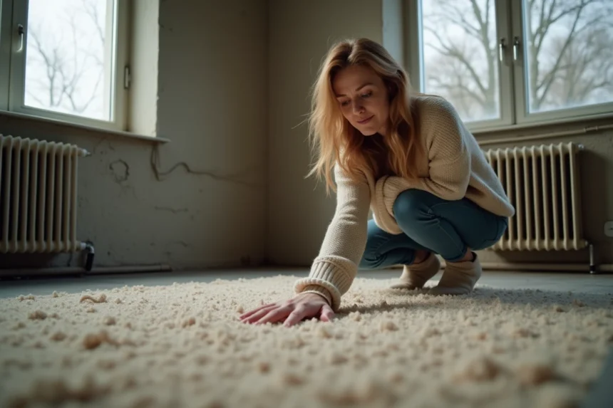 Femme testant l'isolation thermique d'une moquette épaisse dans un salon mal isolé avec fenêtres condensées