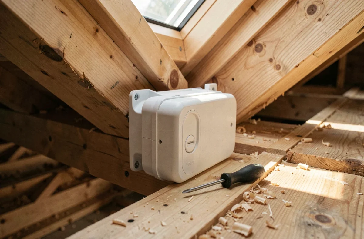 Gros plan sur le moteur d'une fenêtre Velux avec un tournevis pour accéder au bouton de réinitialisation