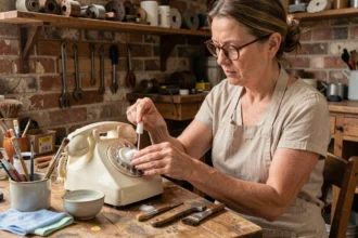 Femme nettoyant soigneusement le cadran d'un téléphone rotatif vintage avec un coton-tige sur un établi en bois